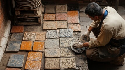 Fototapeta premium Craftsman installing handcrafted ceramic tiles on floor.
