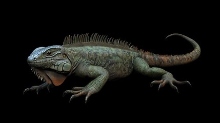 Fototapeta premium Green iguana, scaly skin, black background.