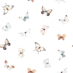Watercolor seamless pattern with flying abstract butterflies and dragonflies, isolated illustration for textile, wallpapers or background.