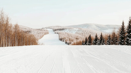 Obraz premium A freshly groomed ski trail leading into a vast mountain landscape, with a clear morning sky and untouched snow