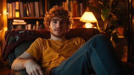 Young man with curly red hair sits indoors relaxed in a cozy room.