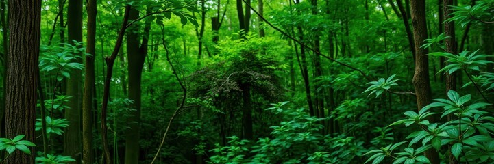 Close-up image of lush green foliage texture in a forest setting, close-up, vibrant