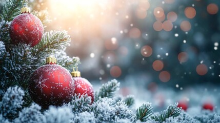 Christmas decorations with snow, festive atmosphere, and warm lights in the background
