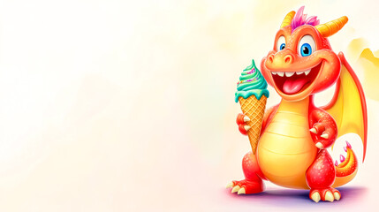 Naklejka premium Happy dragon eating ice cream on white background