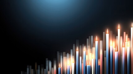 Candlestick chart displays blue and red trading candles on a dark gradient background, illustrating stock market trends and finance concepts