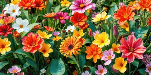 Colorful watercolor illustration of various flowers including roses, tulips, and daisies, garden, colorful, art