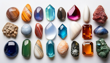 Collection of various colorful gemstones and minerals on white background. Precious stones. Top view