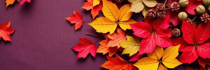 Dry orange metallic leaves arranged in a intricate pattern on a rich violet background, close-up, texture, abstract