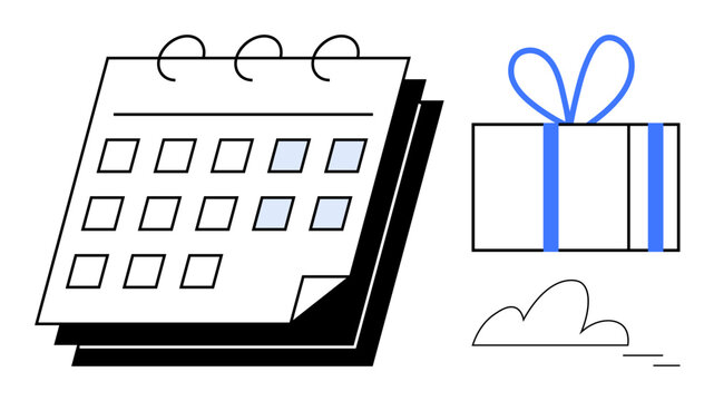 Calendar with highlighted dates, gift box wrapped in blue ribbon, and abstract cloud shape. Ideal for event planning, holidays, birthdays, reminders, scheduling celebrations special occasions. Line