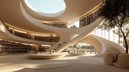 Obraz premium Modern library interior with curved walls, bookshelves, and natural light.