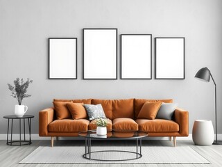 Elegant grey living room with brown corner sofa featuring a gallery of trendy posters, posters, frames, artwork