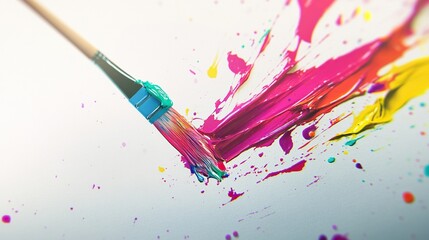 Fototapeta premium Paintbrush creating vibrant colorful strokes on white background.