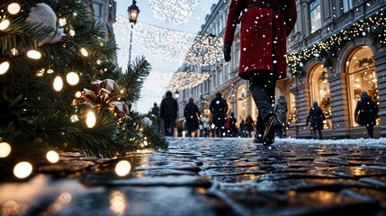 Fototapeta premium Snowy street with decorated Christmas tree, festive lights, people walking, and cozy holiday atmosphere in a winter city 