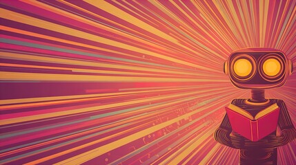 Futuristic Sci-Fi Poster: Advanced AI Robot with Glowing Features Reading a Red Book on Circuit Board, Surrounded by Neon Pink and Cyan Lights - Perfect for Tech-Inspired Sports Interiors!