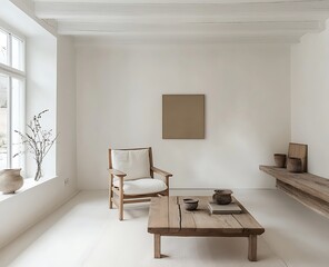 Fototapeta premium A simple Scandinavian interior design with white walls, a wooden armchair, and a coffee table, creating a bright and minimal living room