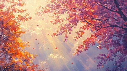 Sunbeams through autumn leaves.
