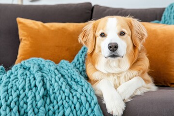 Cozy dog relaxing on a dark brown sofa surrounded by vibrant pillows and a soft turquoise blanket in a warm living room