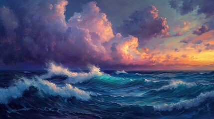 Fototapeta premium Dramatic ocean waves at sunset.