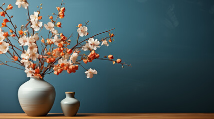 A vase with decorative flowers stands on a shelf against a blue wall in a loft style
