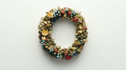 Floral wreath, gold leaves, berries, white backdrop.