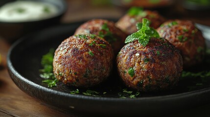 Delicious savory meatballs served on a rustic black plate with fresh herbs