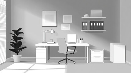 Gray home office with desk, chair, plants, shelving, pictures, and window light.