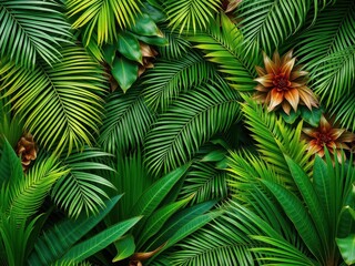 Fototapeta premium Lush green tropical palm leaves background, natural, green