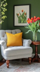 Cozy corner with blooming tulips and a bright cushion in a sunlit room