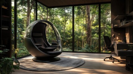 Modern room with egg chair, forest view.