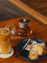 Iced coffee and tea on a wooden table