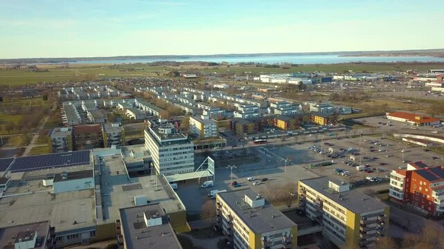 Aerial view of Swedish apartment buildings in Linkoping residential area. Family condos housing development in Sweden city.