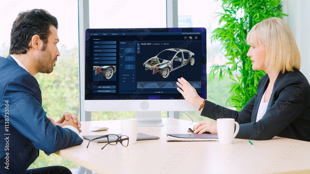 Poster electric car design software on computer screen showing simulation blueprint snugly by digital calcu