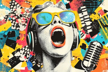 Vibrant artwork of a female singer with colorful glasses and headphones, exuding energy.
