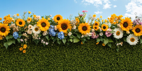 Whimsical wall of sunflowers and flowers lush garden nature wallpaper bright sky vibrant view floral concept