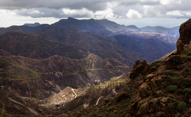 Gran Canaria, landscape of the central part of the island, Las Cumbres, ie The Summits, short hike between rock Formation Chimirique and iconic Roque Nublo