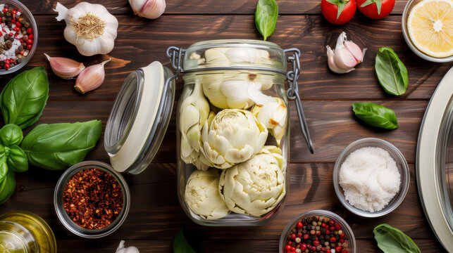 A glass jar filled with fresh artichoke hearts, surrounded by garlic, basil, spices, and tomatoes on a rustic wooden table for a culinary presentation.
