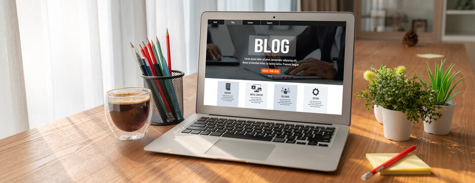 blogging concept, web blog Social Media Information network snugly. social media online content, freelance worker, working online, content creator, blogger, website, reading blog online on computer