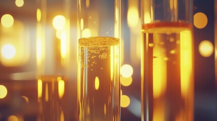 Golden liquid in test tubes with bokeh lights.