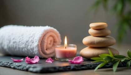 Tranquil spa scene featuring a lit candle, smooth pebbles, rolled towel, pink flower petals, and bamboo leaves, evoking calmness, elegance, and relaxation ideal for wellness, therapy, and self-care se