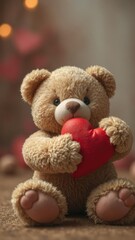 Fototapeta premium Soft brown teddy bear clutching a red heart, tenderness,gentle,stuffed toy bear