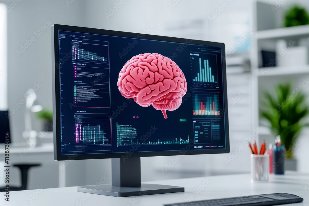 Poster a conceptual stock photo showing a double exposure of a desktop with a computer and a brain drawing 