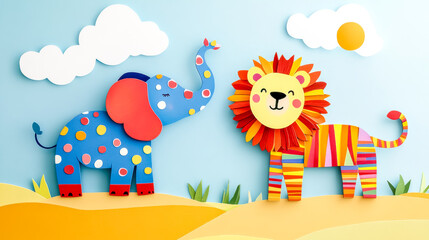 Naklejka premium Colorful paper elephant and lion in a playful safari scene