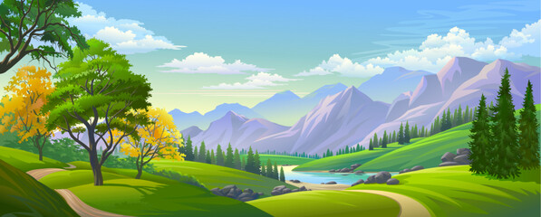 A Breathtaking View of Serene Green Hills, Flowing Rivers, and Majestic Mountains Under a Cloudy Sky