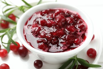Tasty cranberry sauce in bowl, berries and rosemary on white table, closeup