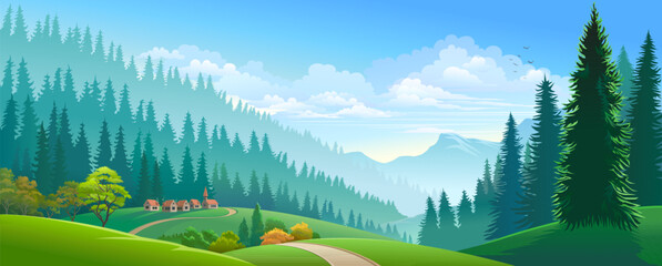 Serene Mountain Landscape with Forest and Village