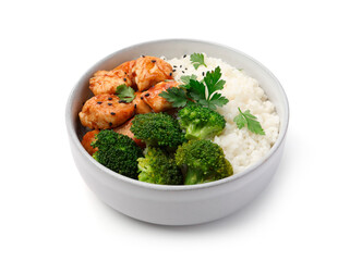 Tasty rice with broccoli, chicken and parsley isolated on white