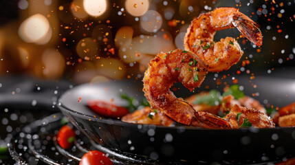 A visually striking action shot of golden-brown fried prawns mid-air, coated with rich seasoning and garnished with fresh herbs, against a bokeh-lit background.
