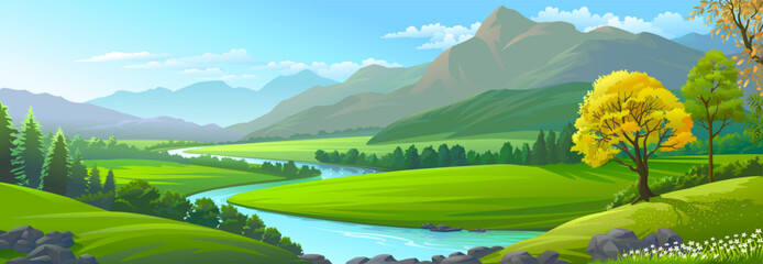 Serene Green Hills, Flowing River, Majestic Mountains, and Wildflowers Under a Cloudy Sky