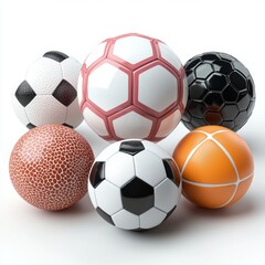 Obraz premium A collection of various sport balls including basketball, soccer ball, volleyball, rugby ball, tennis ball, baseball, golf ball, and ping-pong ball, isolated on a white background, representing the