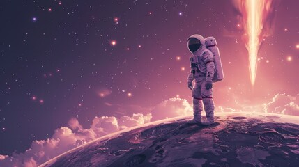 Obraz premium Astronaut on alien planet witnessing meteor shower.